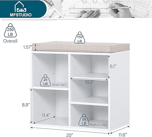 Miniatura 2 de MFSTUDIO Banco de almacenamiento de zapatos, banco pequeño de entrada para zapatos con cojín de asiento y estantes ajustables, organizador