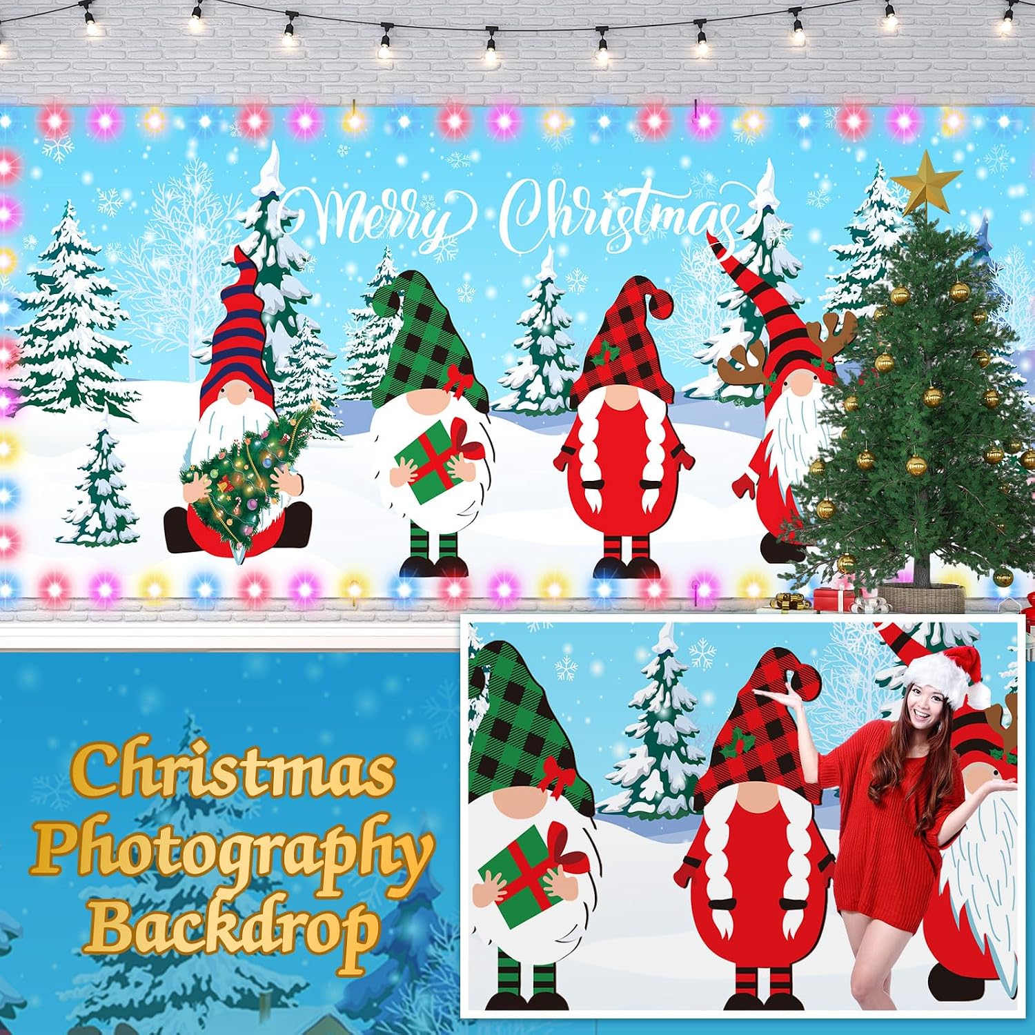 Ganeen 6.4x16 ft LED 2025 Christmas Garage Door Banner with String Light Large Rustic Xmas Garage Door Decorations Xmas Banner Cover Backdrop Holiday Cover Decoration(Gnome)