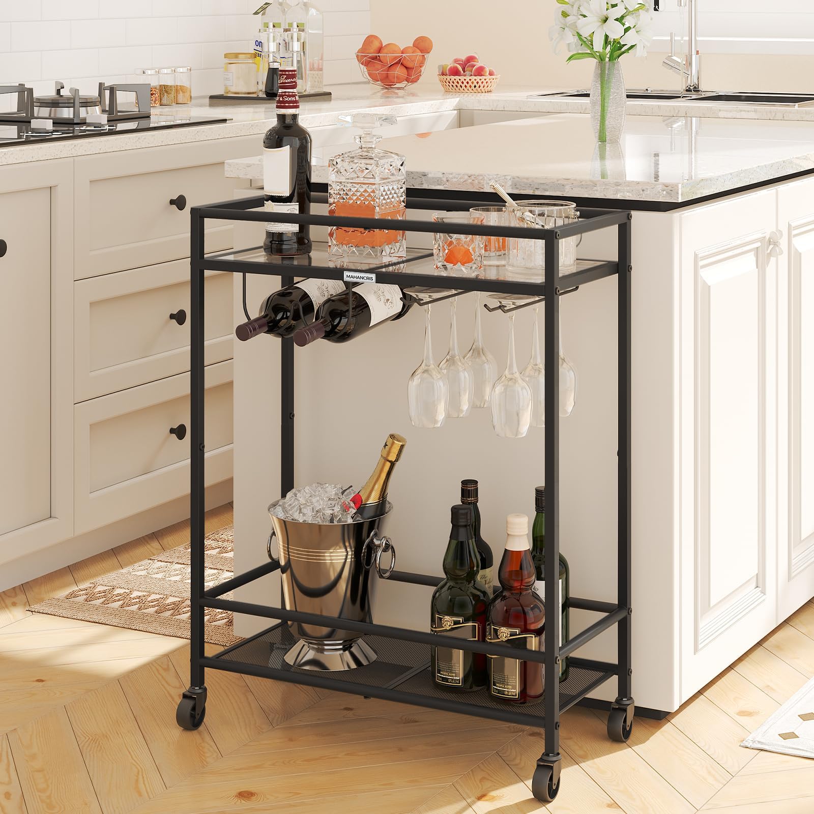 Bar Cart, Serving Cart for Home, Beverage Cart with Wine Rack and Glass Holder, 2-Tier Drink Cart on Wheels, Rolling Kitchen Cart for Bar, Kitchen, Dining Room, Black RCH63B01