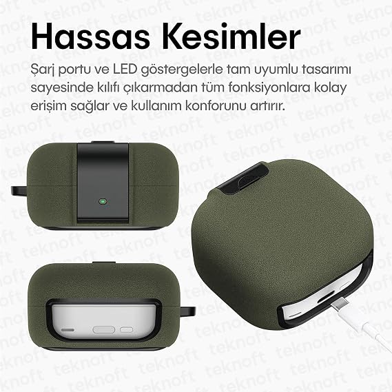 Teknoft Samsung Galaxy Buds 4 Pro ve Buds 4 ile Uyumlu Mandallı Kapak Kilit Sistemli Kumlanmış Mat Dokulu Darbelere Dayanıklı Hibrit Kılıf (Yeşil, Galaxy Buds 4 Pro/4)