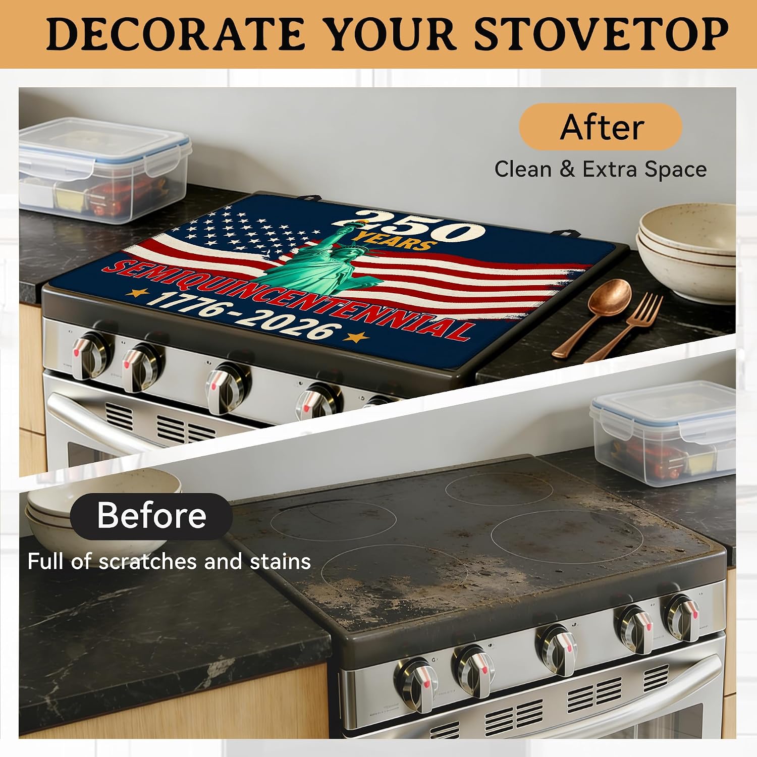 250th Anniversary Freedom America Stove Top Covers for Electric Stove, 28"x20" Heat Resistant Glass Cooktop Cover, Vintage Kitchen Decor for Countertop, Washer Dryer Top thumbnail