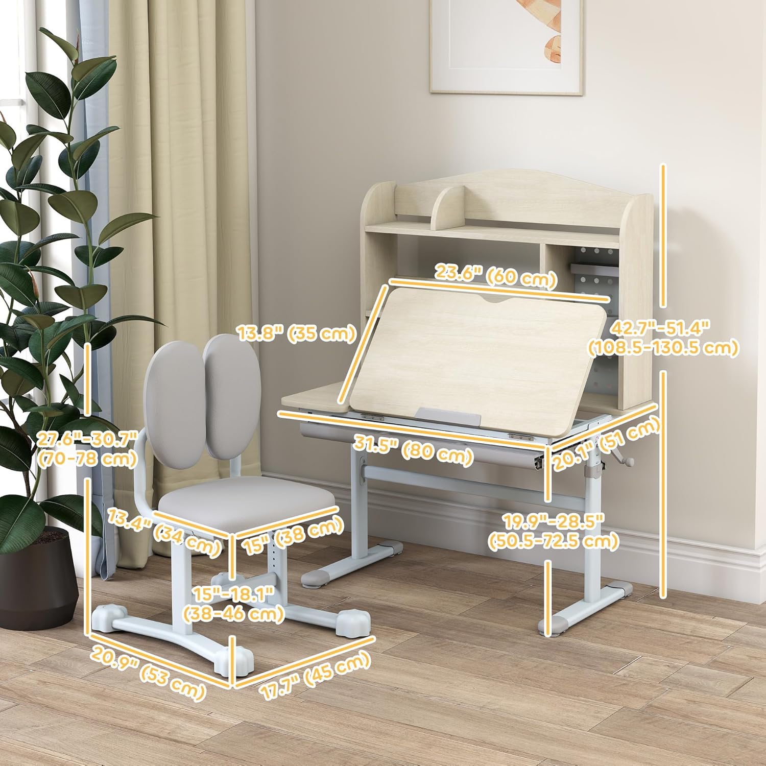 Qaba Kids Desk and Chair Set, Height Adjustable Children Study Desk for Kids with Tiltable Desktop, Hutch and Storage Drawer for Ages 3-12, Gray