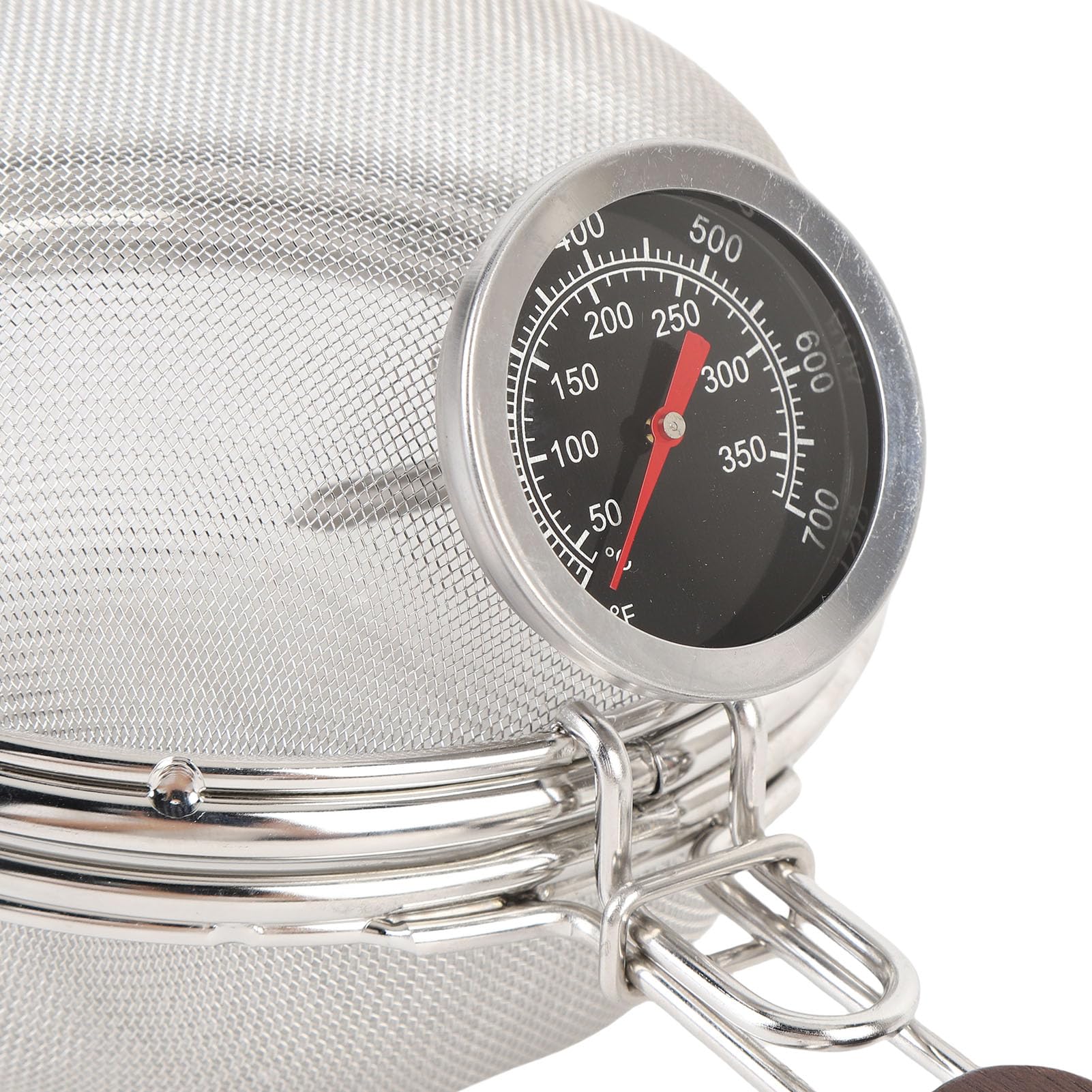 Manueller Kaffeebohnenröster mit Thermometer, Pfannenröstgerät aus Edelstahlgeflecht mit Holzgriff für den Heimgebrauch Im Freien auf Dem Gasherd Beim Camping