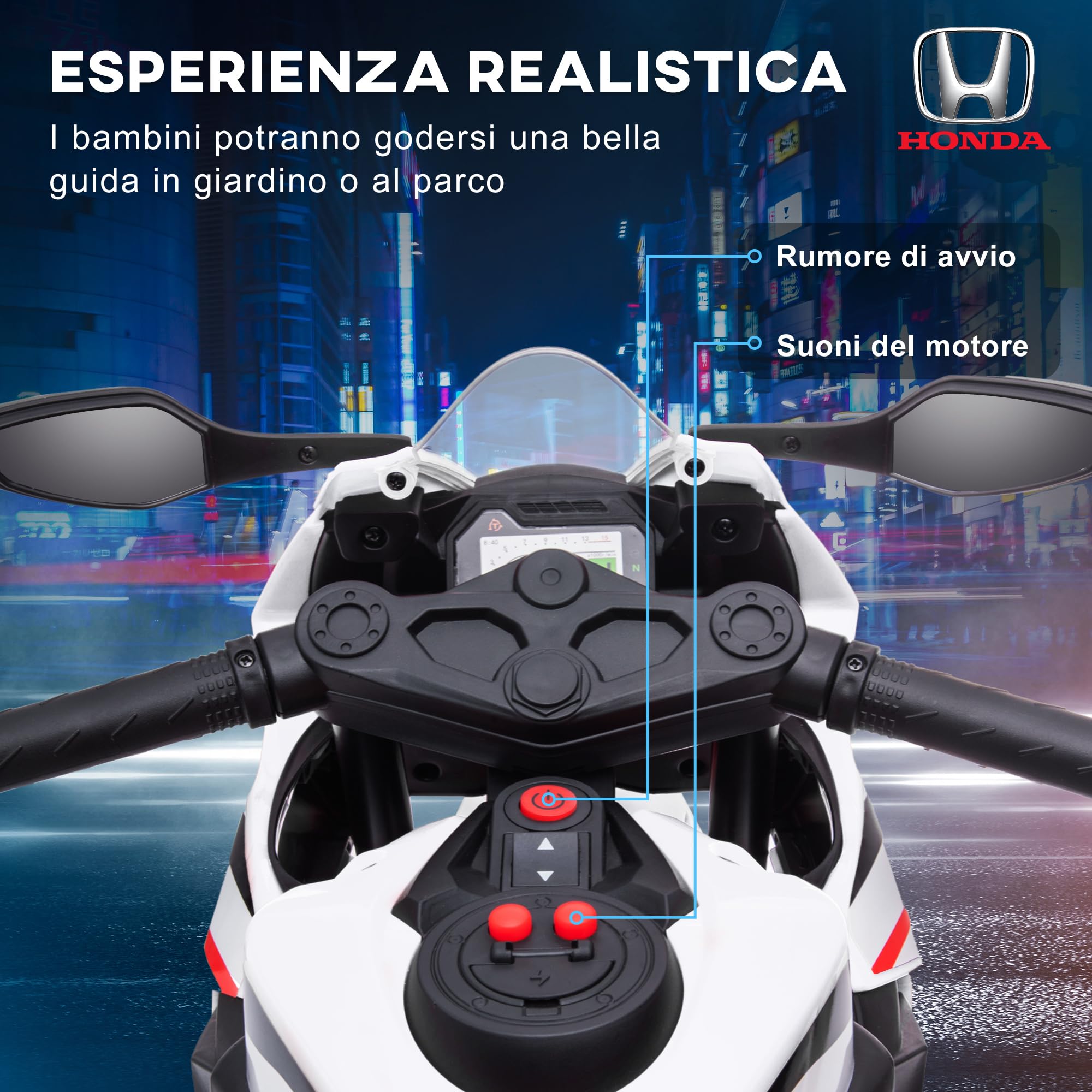 HOMCOM Moto Elettrica per Bambini con Licenza HONDA, Moto per Bambini Elettrica con Batteria 6V Ricaricabile, Velocità 3 km/h, Musica e Rotelle, Bianco