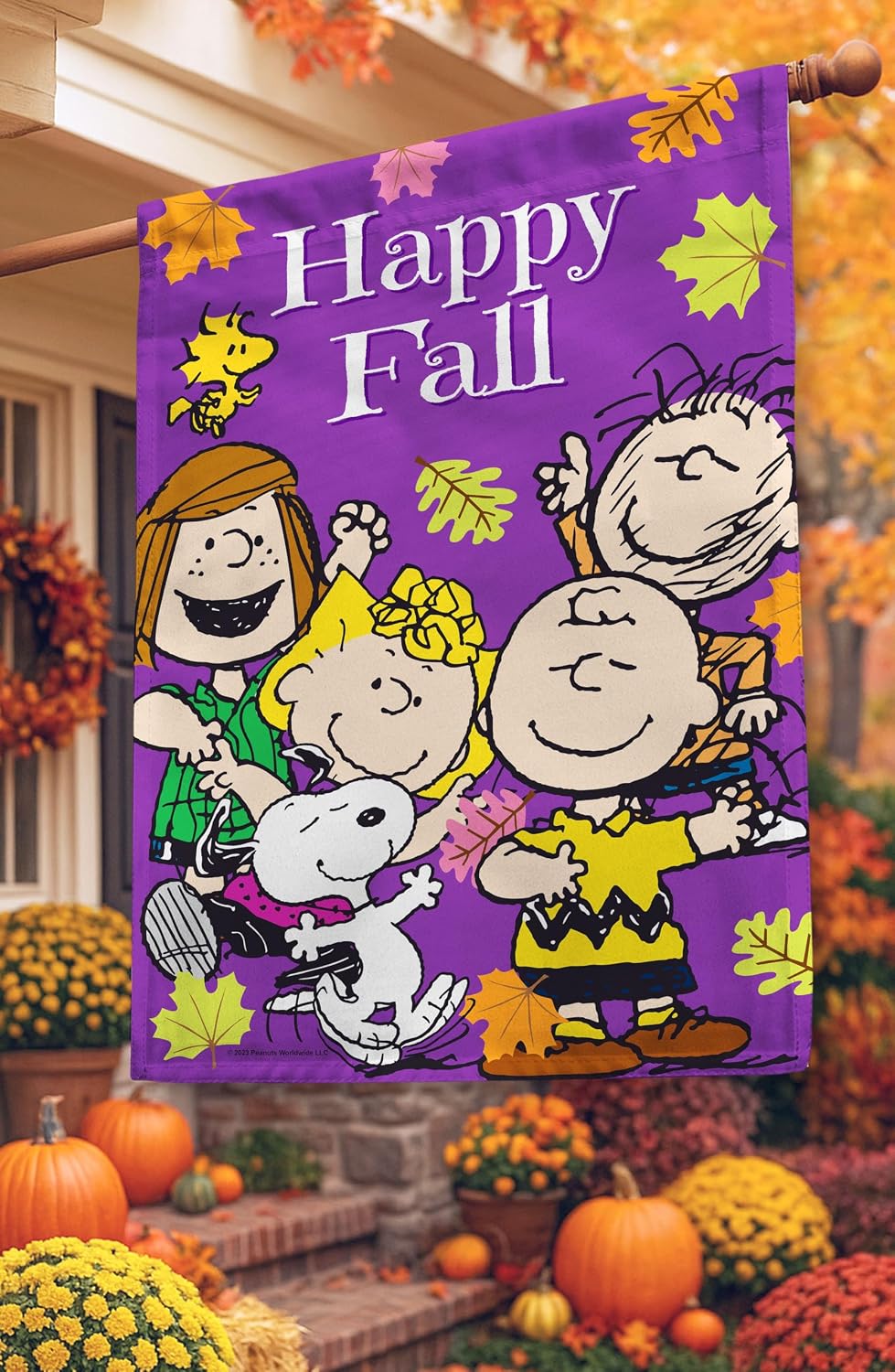 Flagology.com, PEANUTS® Dancing in Fall Friends – House Flag 28" x 40", Outdoor Flag, Exclusive Premium Fabric, Officially Licensed PEANUTS®, Fall, Autumn