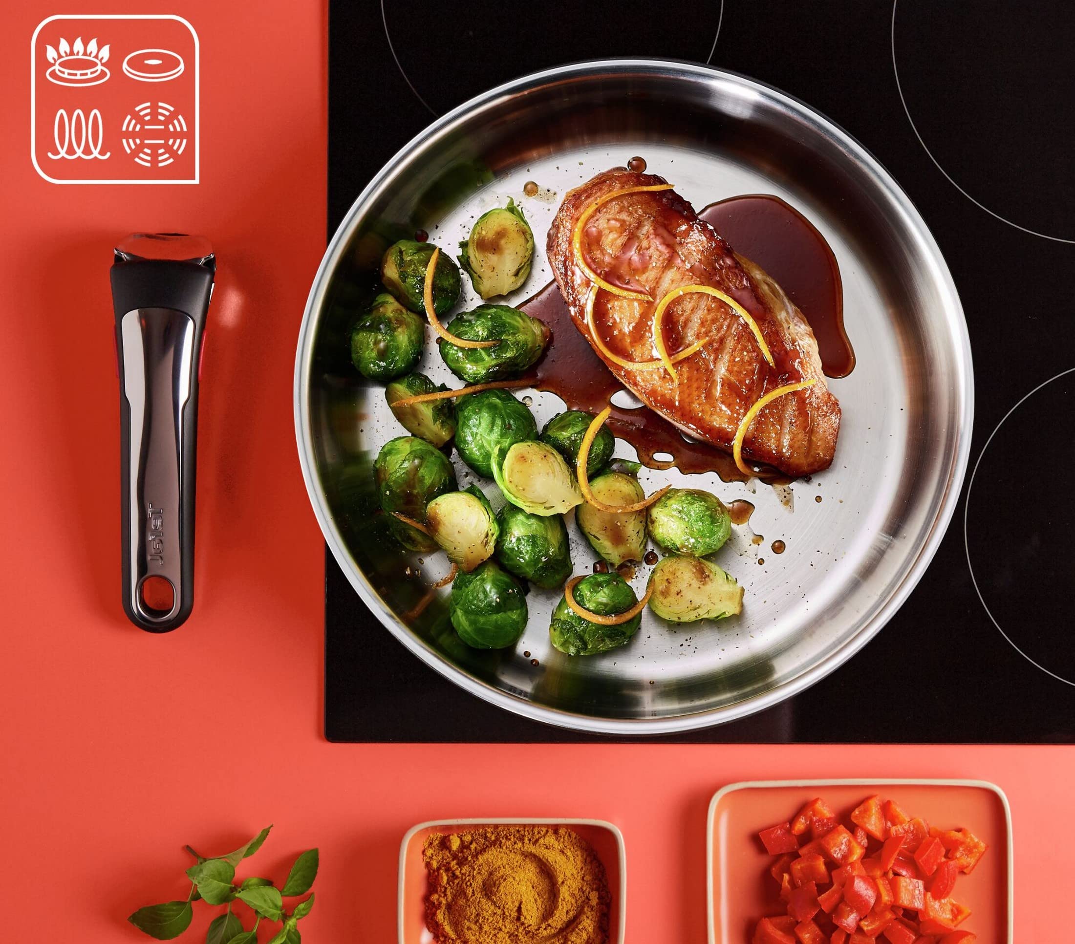Tefal Ingenio Preference On - Juego de 2 Sartenes 24/28 cm + Mango extraíble, Apto inducción, sin antiadherente, acero inoxidable, apto lavavajillas y horno, apilables
