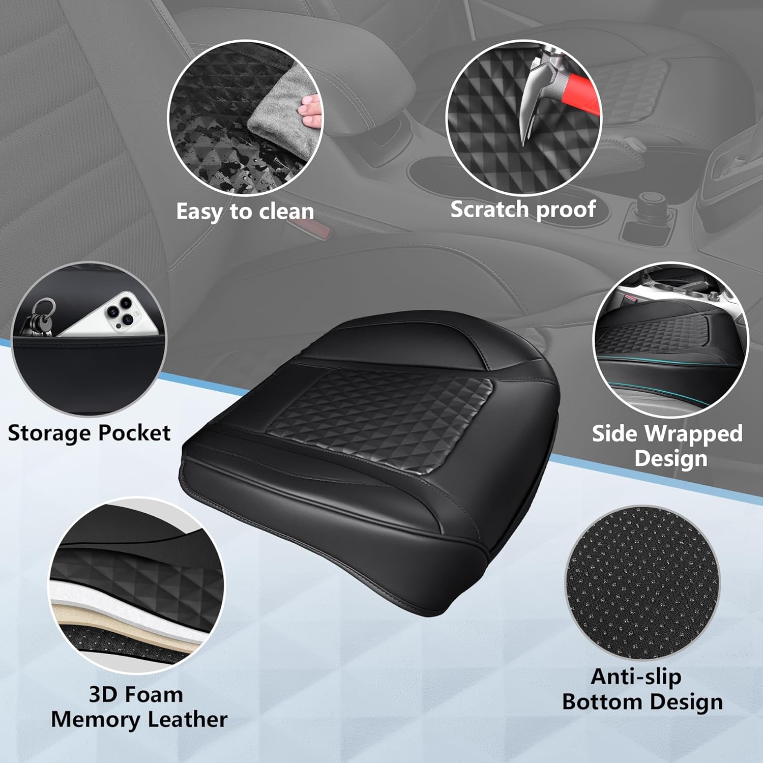 CAR PASS 2 Pack Leather Bottom Car Seat Covers Front Seat Cushion Cover, Anti-Slip and Wrap Around The Bottom, Car Seat Protector Universal Fit for Most Cars, SUVs, and Trucks, 2Pcs Black