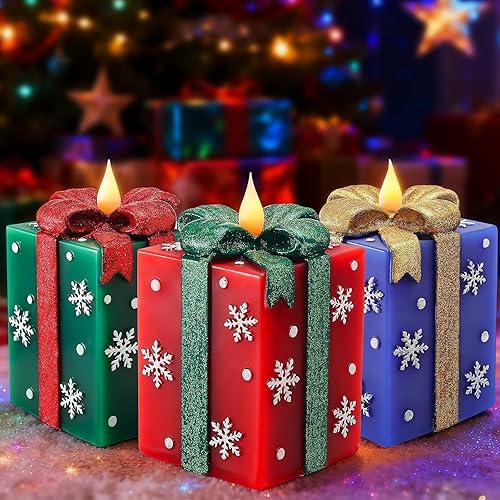Velas navideñas sin llama, funcionan con pilas, color a mano, con forma de caja de regalo pintada a mano, velas LED eléctricas parpadeantes con