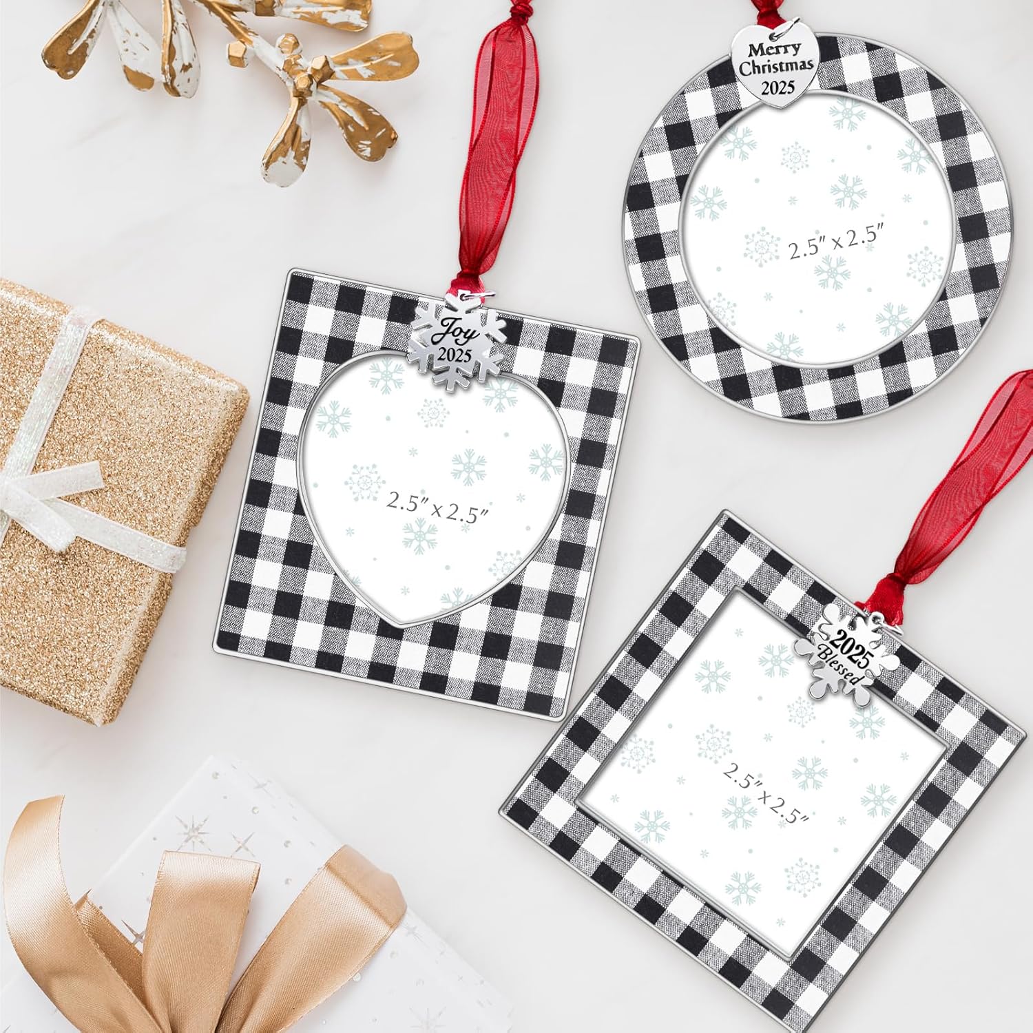 GUOER 3PCS Christmas Tree Ornaments Set Picture Frame Ornament Holiday Keepsake Gift Home Decor Christmas Decorations Xmas Gifts Pendant with 2.5” Photo Frame Insert (Black White 2025)