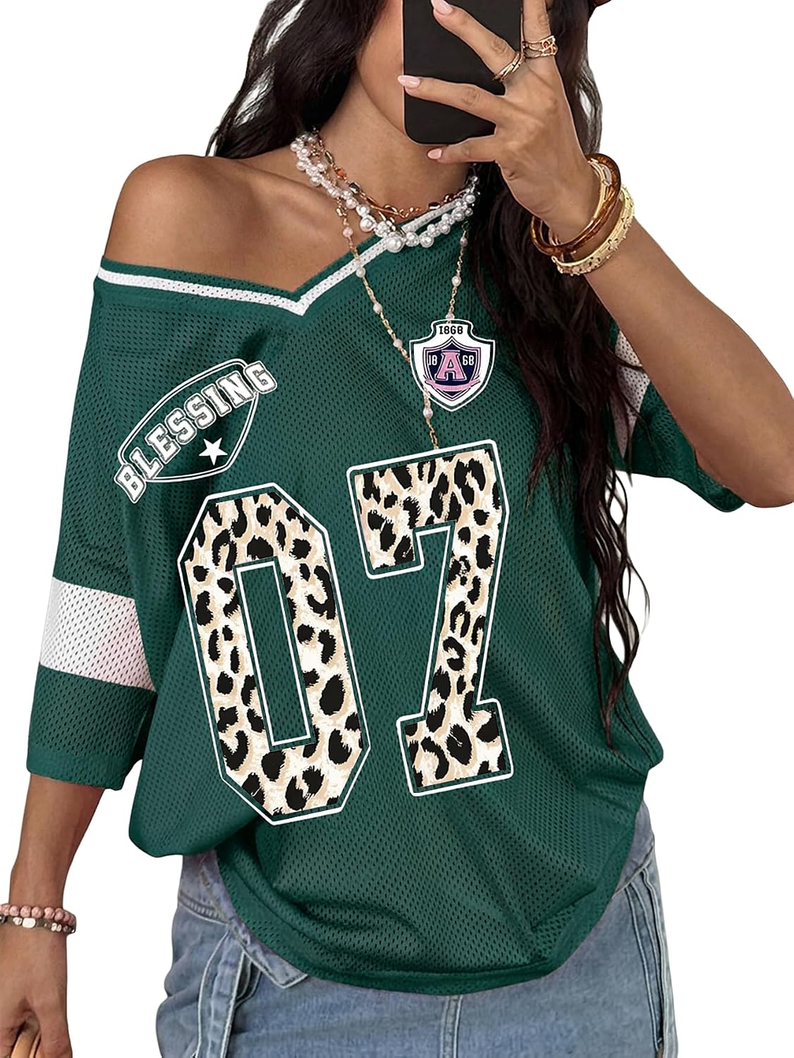 SOLY HUX Women's Y2k Leopard Number Graphic Oversized Tops Football Jersey Shirts Streetwear