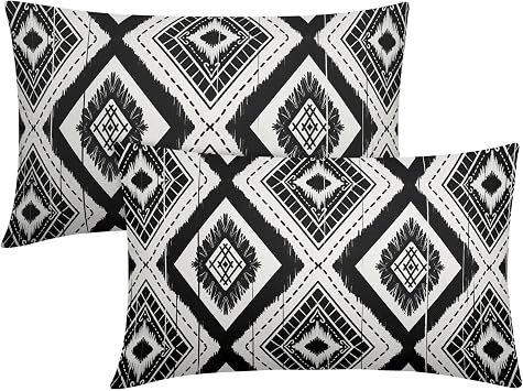 Black White Geometric Lumbar Pillow Covers 12X20 Inch Rustic Ivory Diamond Ikat Rectangle Pillow Cases Boho Modern Chic Cushion Cover Set of 2 Home Decor for Couch Sofa Bed Porch Patio Outdoor