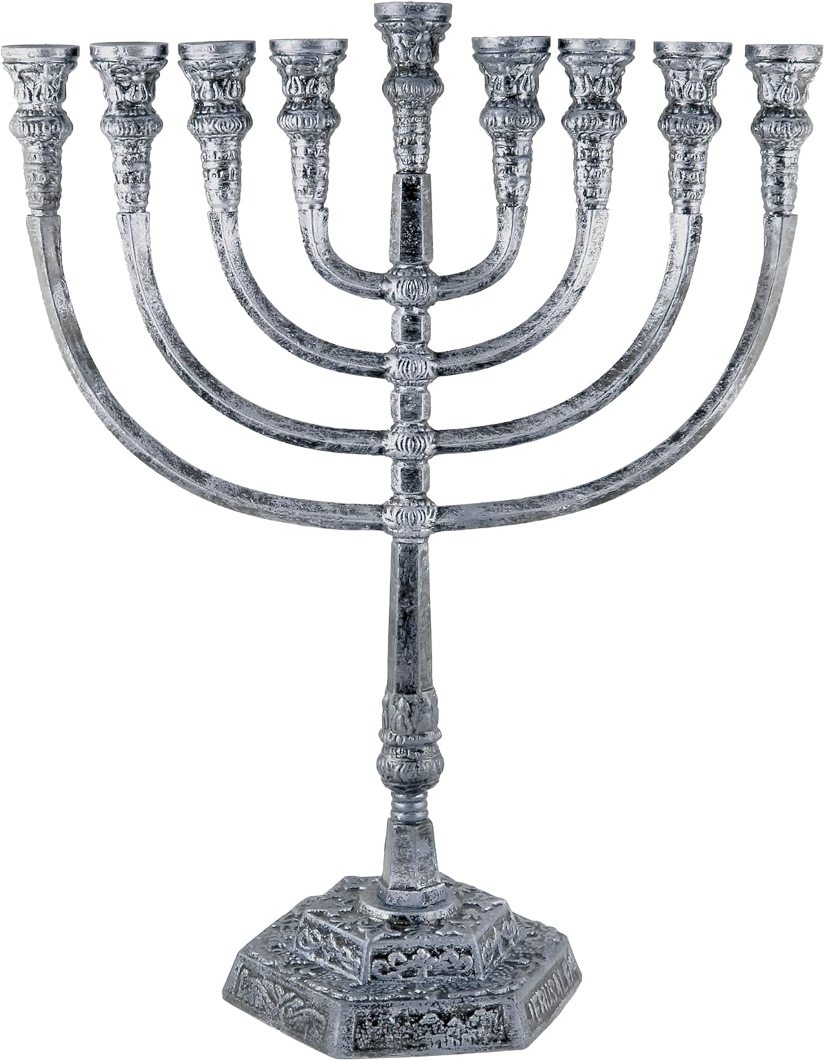 Zion Judaica Extra Large Jerusalem Engraved Menorah Temple Style 20.75" Antique Silver Finish Aluminum Chanukah Candelabra Heavy-Duty Chanukkiah Fits Thick Taper Candles, Oil Cups or Hanukah Candles