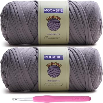 Mooaske 2 Pack T-Shirt Crochet Yarn for DIY Knitting Crochet Cloth Blanket Bag Dolls - 400g Chunky Thick Yarn for Crocheting with Polyester-Spandex Blend Elastic Fabric Dark Gray