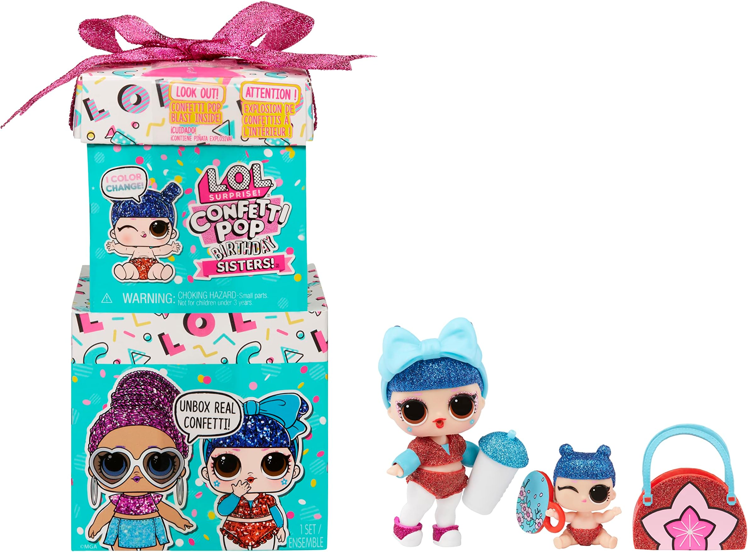L.O.L. Surprise! Confetti Pop Birthday Sisters- with Collectible Doll, Lil Sister, 10 Surprises, Confetti Surprise unboxing, Accessories, Limited Edition Doll, Present Box Packaging