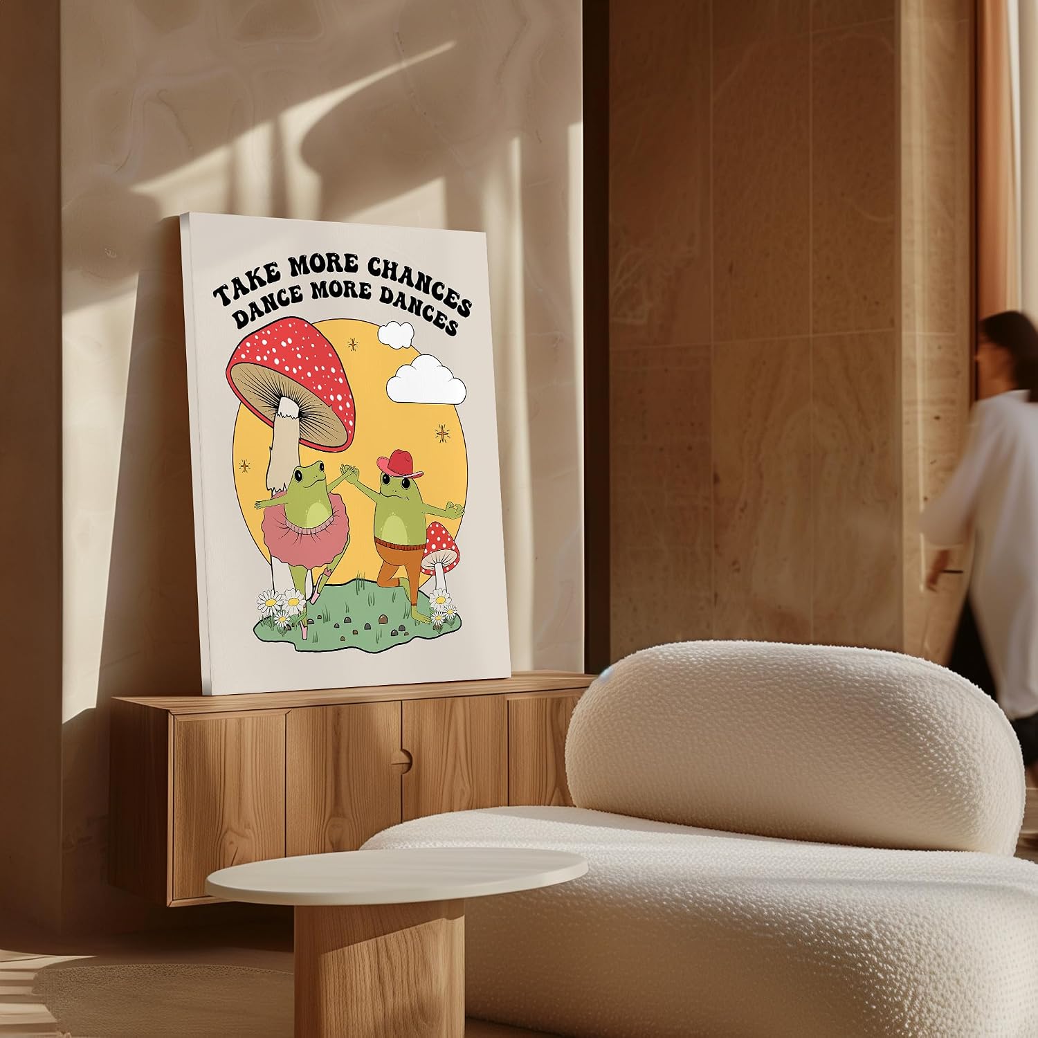 Poster Master Dancing Frogs Canvas - Retro Take More Chances Print - Dance & Mushroom Art - Encouraging Wall Design - Preppy Art - Inspiring Dorm or Bedroom Decor - 8x10 STRETCHED Canvas