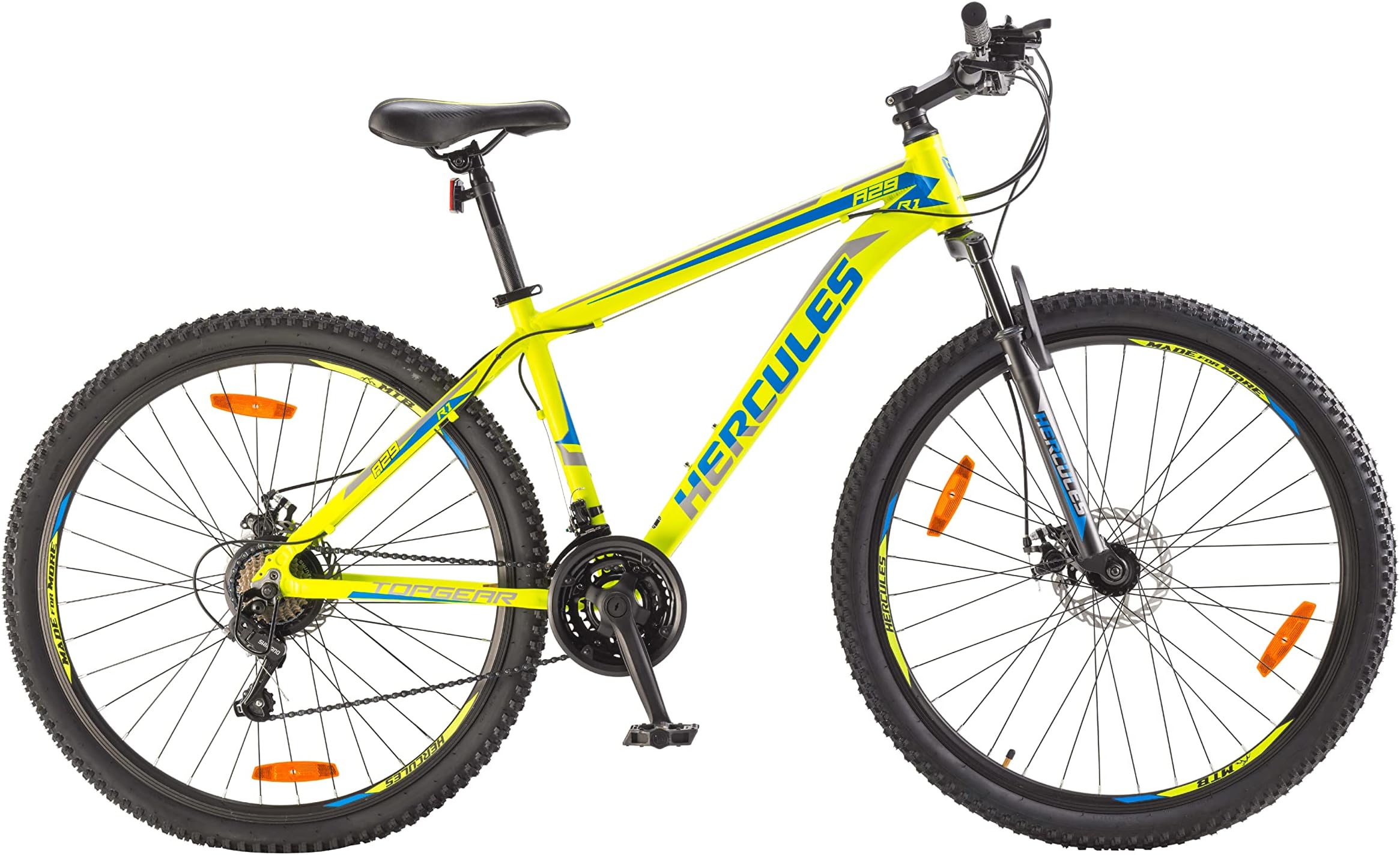 Hercules TOP GEAR-A29 R1 Mountain Cycle with Shimano Gears|29 T|Speed Bike with Front Suspension, Disc Brake Bicycle for Boys Mountain Bike|Ideal for 13+ Years, Unisex, Frame:17 inch|Matte Acid Green