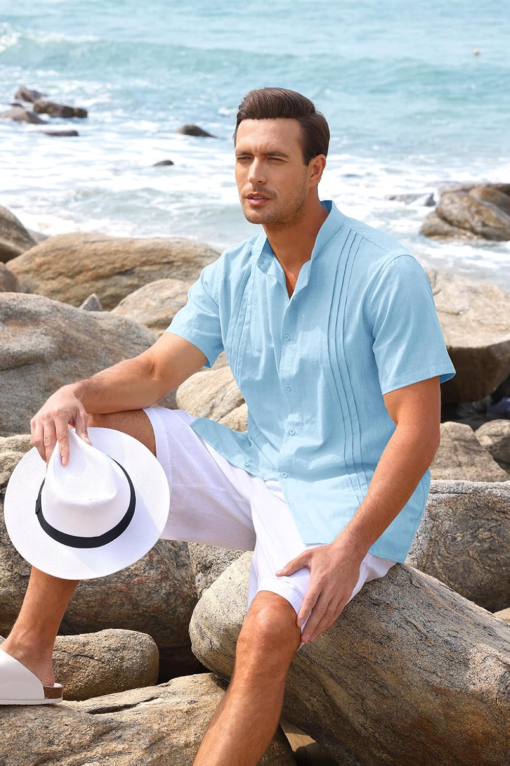 Vista 2 de Camisas guayabera de manga corta para hombre, de lino y algodón, con botones, camisa de boda cubana mexicana