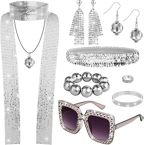 11 piezas de accesorios de discoteca para mujer, diadema, collar, pulsera, aretes, gafas, anillo para mujeres de los años 70, suministros de fiesta