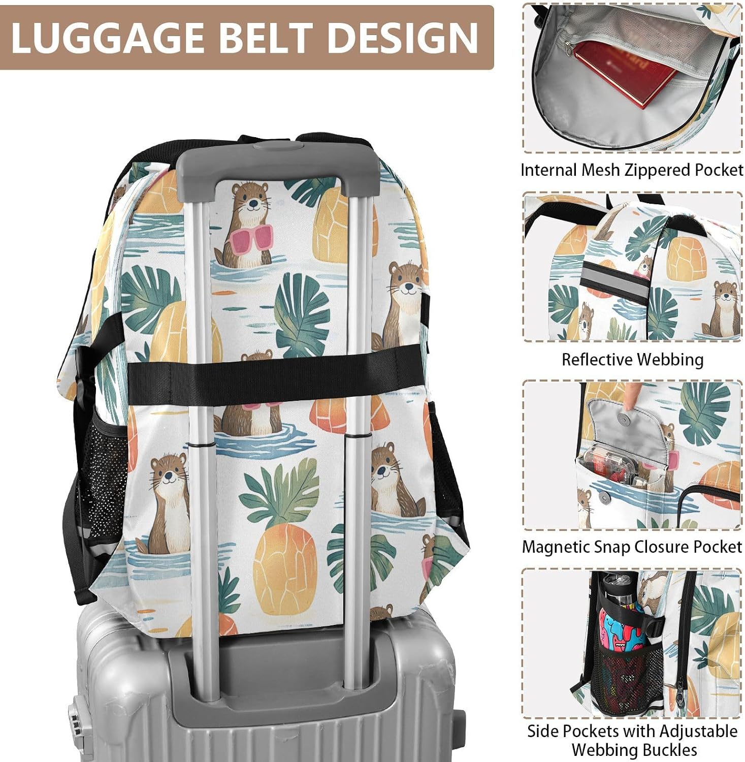 ALAZA Otter Pattern Tropical Backpack with Mulitiple Pockets for School Outdoor College Travel Bookbag 14 inch Laptop Backpack for Men and Women image 4