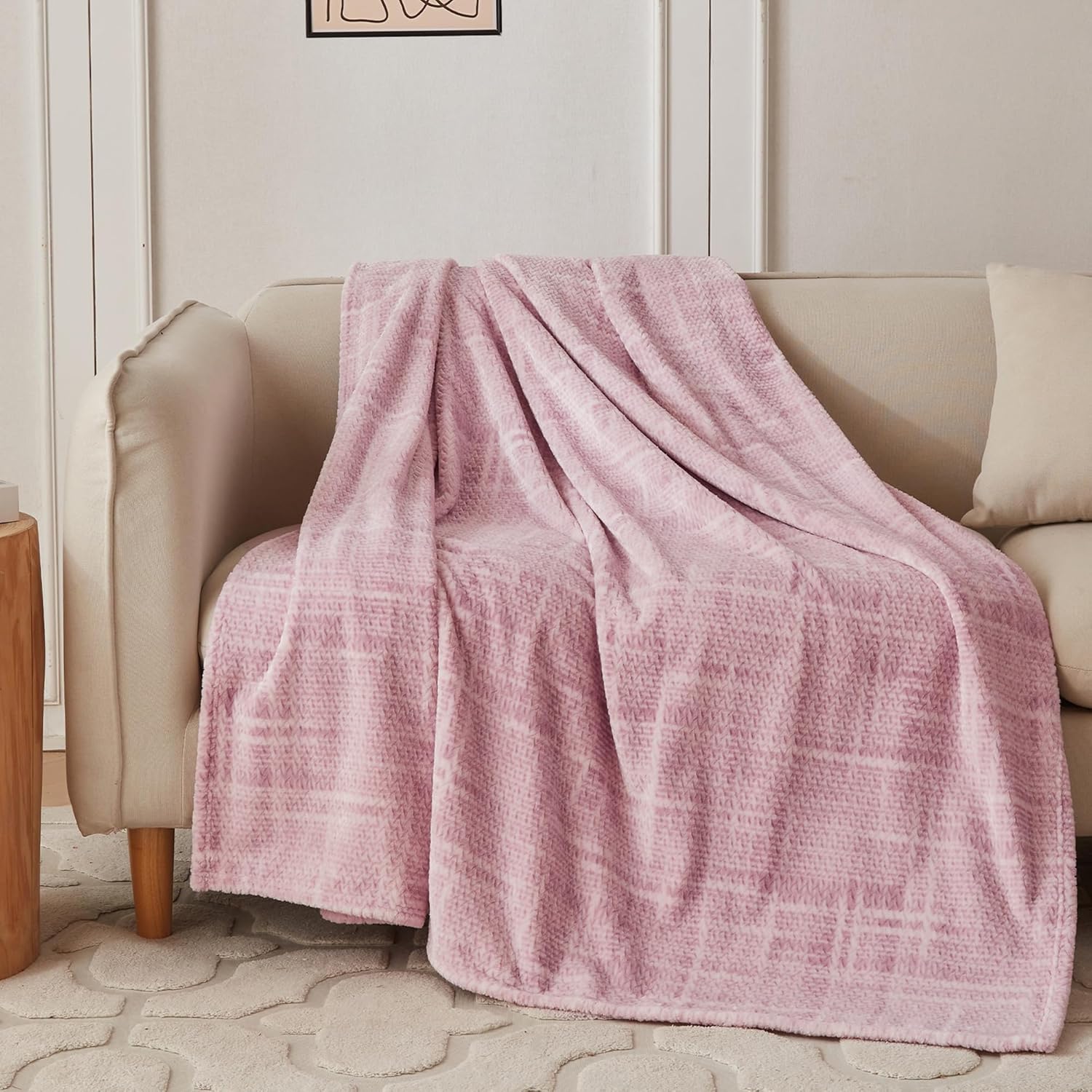 COOVA Fleece Throw Blanket for Couch, Super Soft and Cozy 3D Jacquard Warm Blankets, Lightweight and Fuzzy Throw for Bed, Sofa, Chair, Giftable (Light Pink, 50"x60") - Image 2