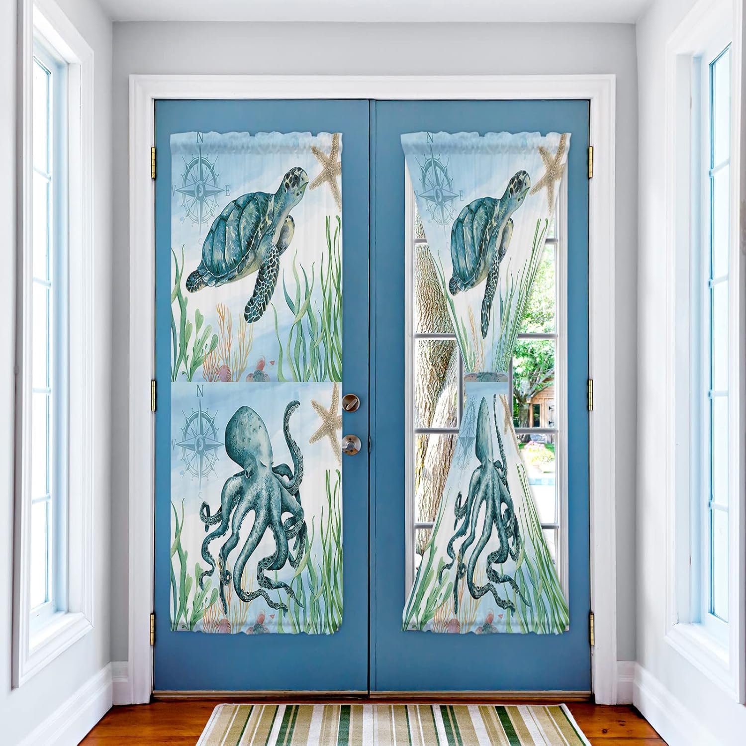 Rod Pocket French Door Curtain, Kitchen Door Panels Ocean Theme Marine Life Pattern Light Filtering Room Divider Curtain Cover Curtains for Windows Nautical Compass (Tie-Back Included, 1 Panel)