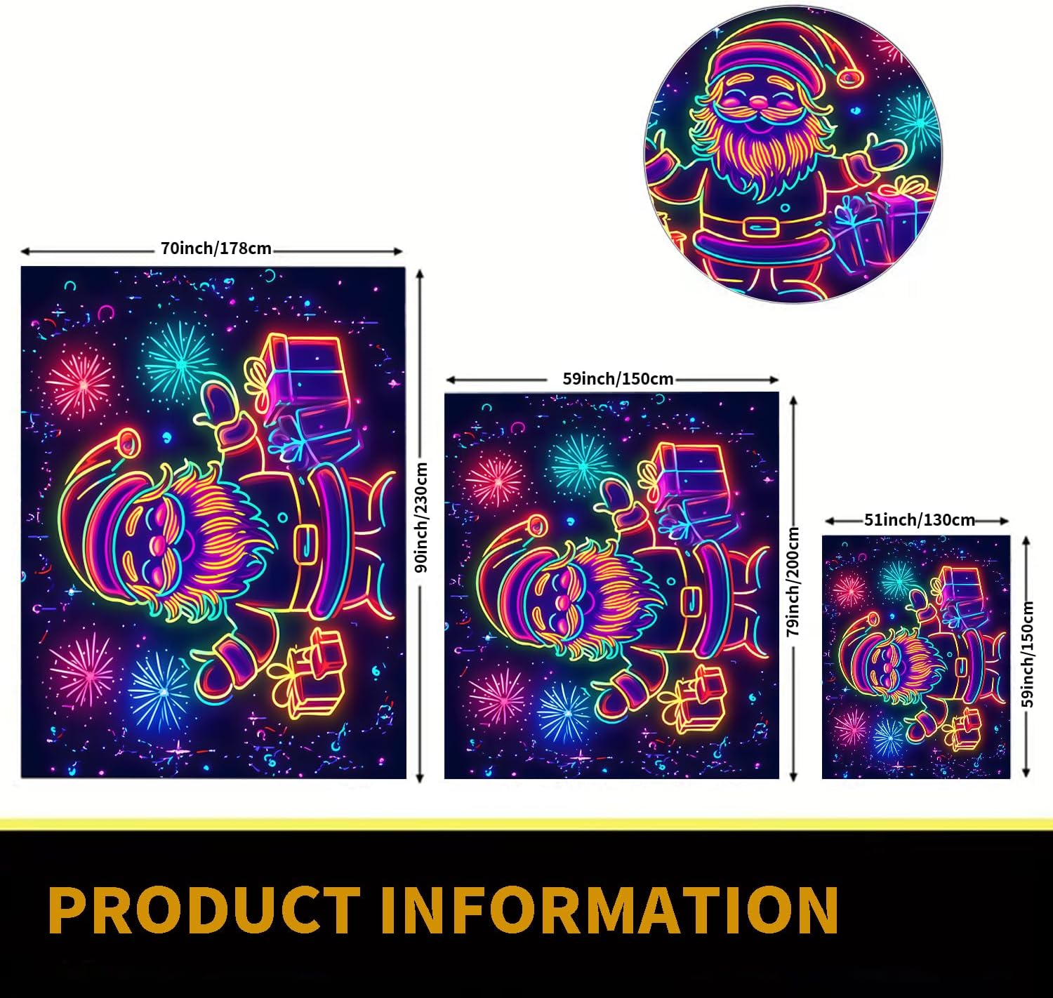 Black Light Tapestry – Merry Christmas UV Reactive Glow in the Dark Wall Hanging, Santa Claus Christmas Tree Snowman Elk Home Decoration for Party Bedroom or Dormitory (Santa Claus 1, 90"x70", Unframed)