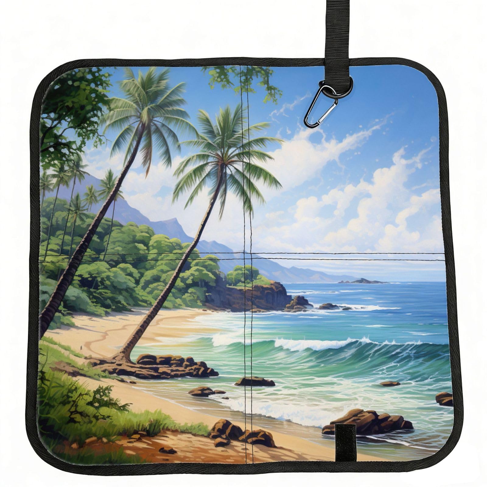 DIEzig Hawaiian Beach with Palm Trees Printed Compact Foldable Sitting Pad Oxford Base, Portable Cushion for Fishing Sports Events