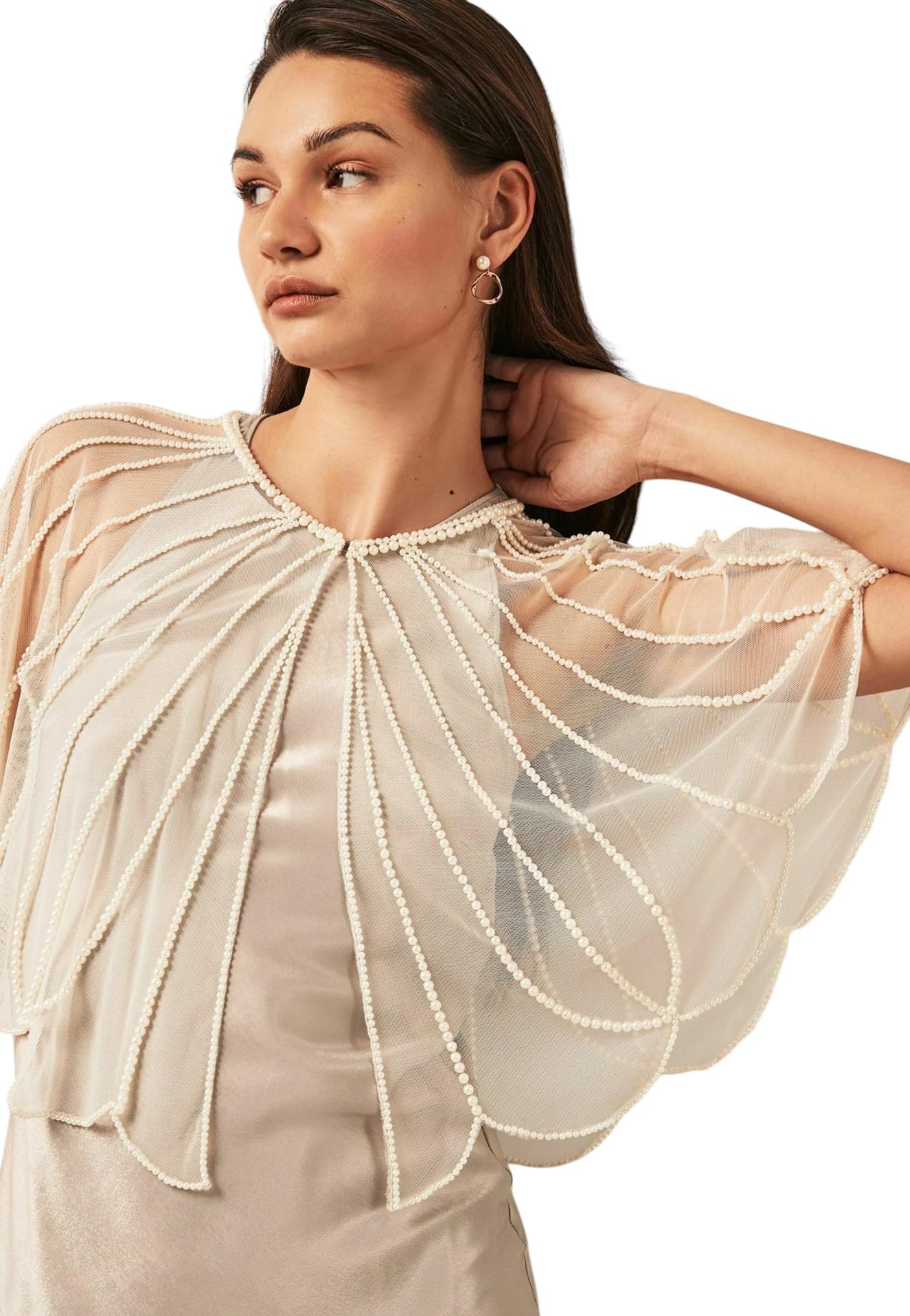 Zarinivas Women's Pearl Embellished Sheer Cape Shrug | Elegant Off-White Beaded Overlay for Party-picture-17