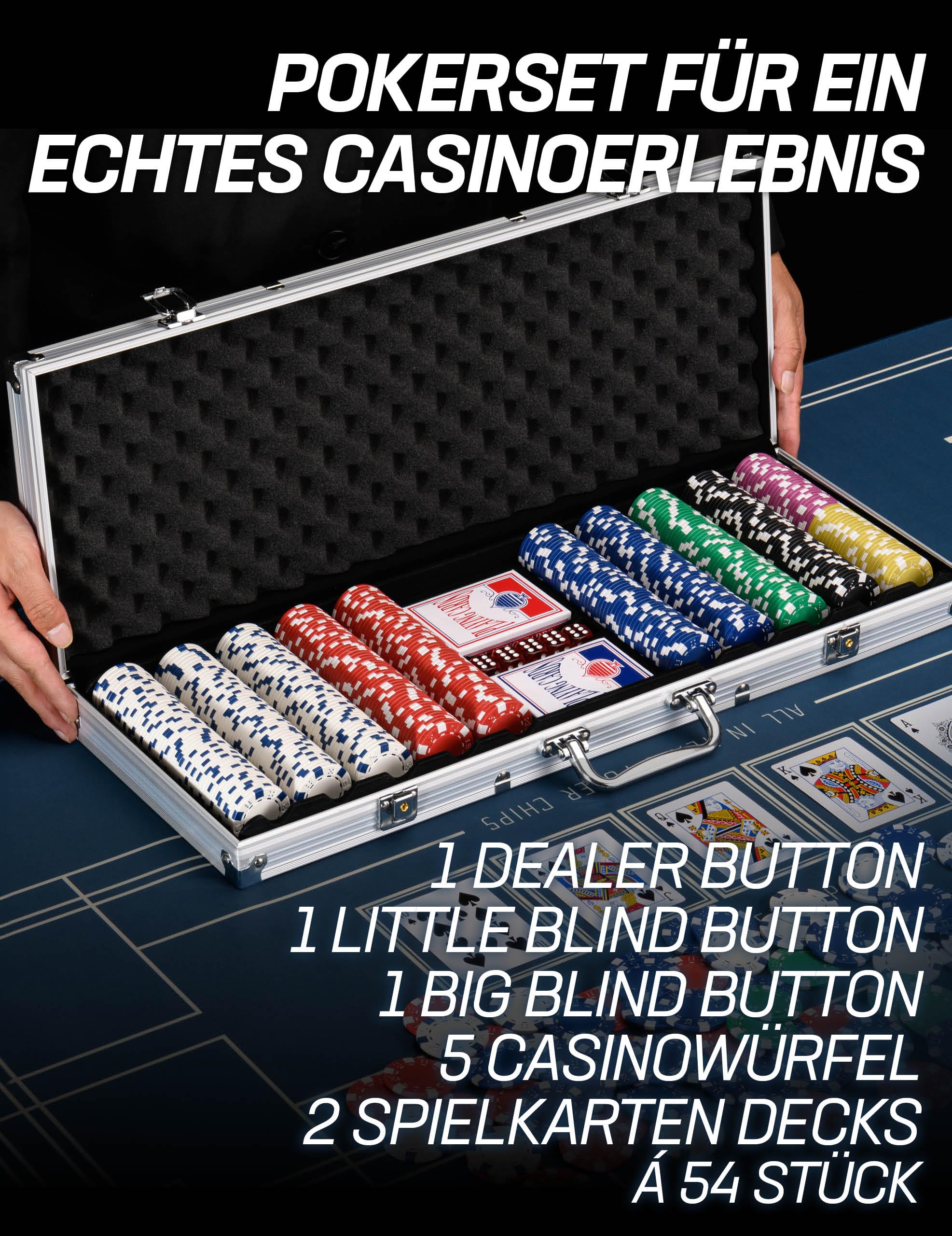 MUWO Coffret de poker All In avec 300 ou 500 jetons - Kit complet de casino dans un coffret en aluminium pratique (500 jetons)