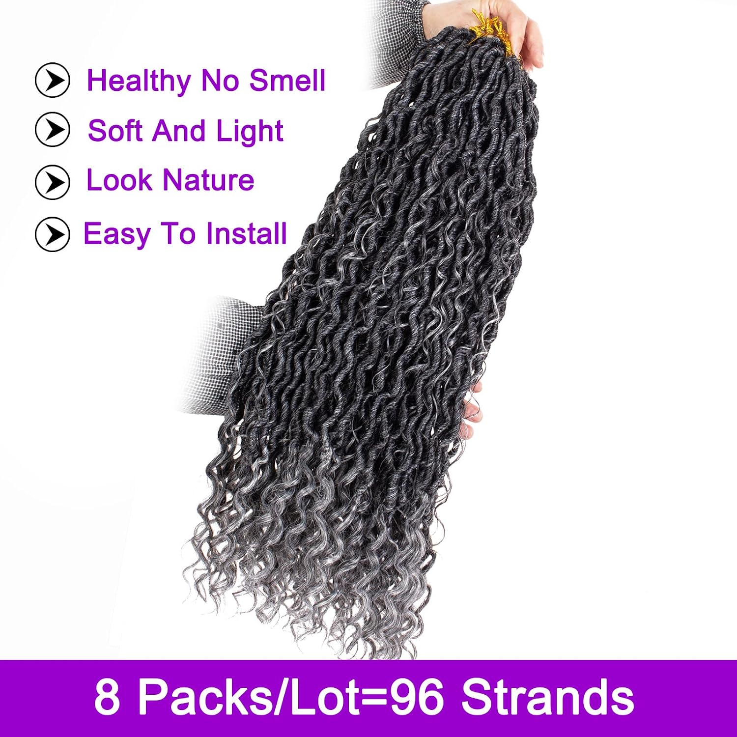 ZRQ 24 Inch TGrey River Locs Crochet Hair 8Packs Goddess Locs Crochet Hair, Pre Looped Grey Bomemian Locs With Curly Ends Hippie Locs Hair Extensions Tgrey#