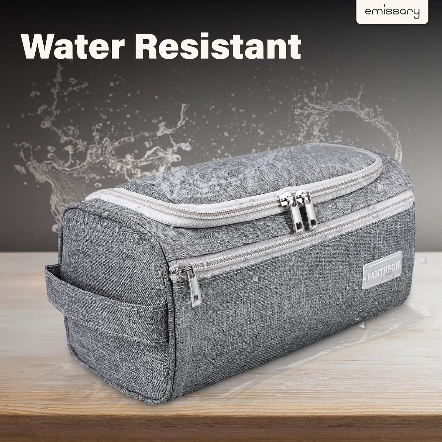 Pantheon Hanging Travel Toiletry Bag for Men, Dopp Kit - Gray | Hanging hook, water-resistant lining, zip & mesh pockets; men's Dopp kit for travel, gym, hotel & bathroom