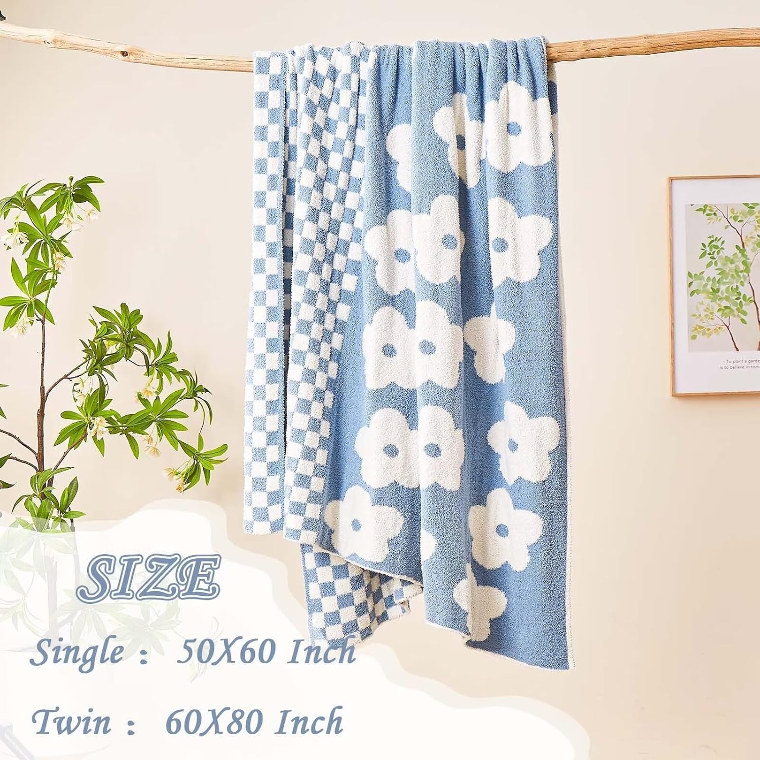 Checkered Throw Blanket, Dusty Blue Super Soft Knit Breathable Throw Blanket, Cozy Fluffy Reversible Checkerboard Flower Fuzzy Blanket for Couch Sofa Bed Living Room Decor 60 x 80 Inch - Image 3