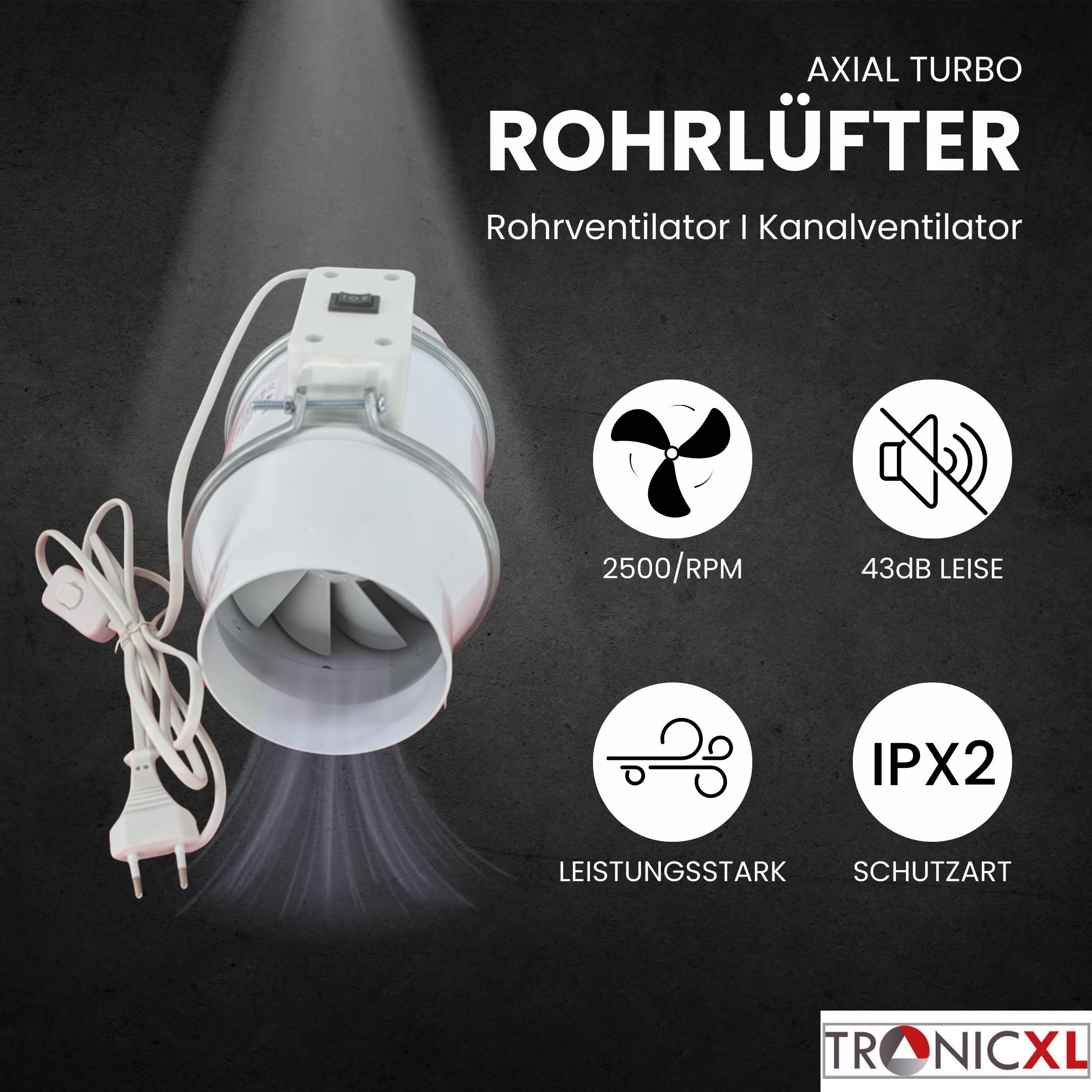 TronicXL Turboventilator Axial Rohrventilator regelbar mit Ein Ausschalter regelbar und Kabel 100mm leise Rohrlüfter Abluftventilator Abluft Zuluft Lüfter Ventilator Bad Garage Keller Wand Einbau
