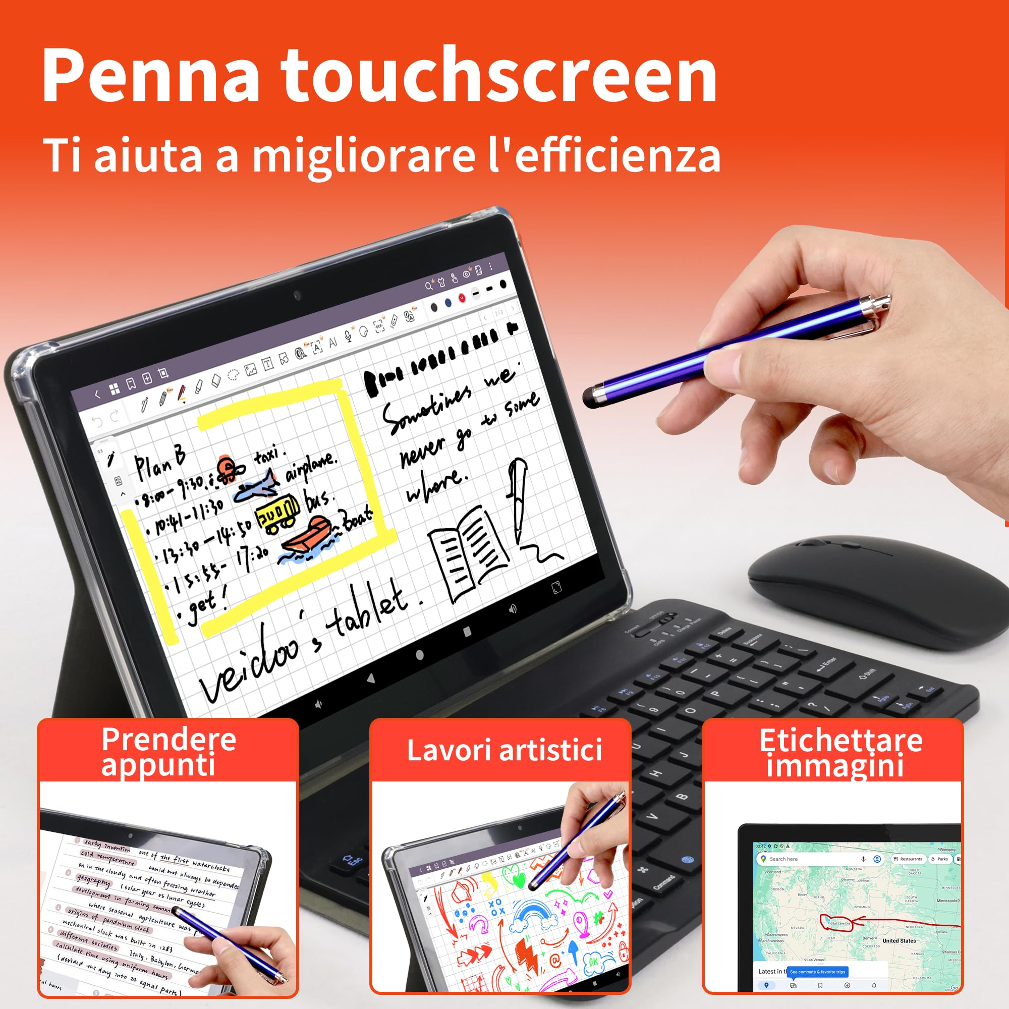 Veidoo Tablet Android portatile 2 in 1 con tastiera, mouse e stilo, tablet 10,1 pollici IPS HD schermo con 7 GB di RAM (3 GB + 4 GB) 64 GB ROM espandibile a 512 GB, processore Octa-Core, WiFi 6
