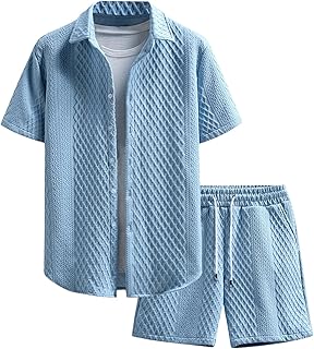 Men's 2 Piece Outfits Waffle Knit Button Down Shirt Top and Shorts Set