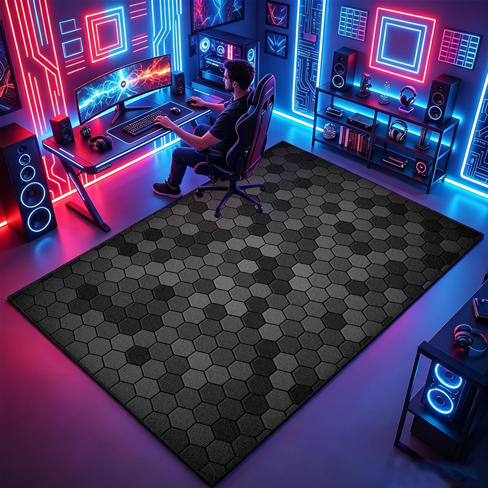 Tappeto Camera da Letto Ragazzo, Tappeto Gaming Pavimento, Stampa Geometrica Neon Gaming, Antiscivolo, Tappeto Zone Game 3D, Decorative Stanza Gaming 120 x 180 cm