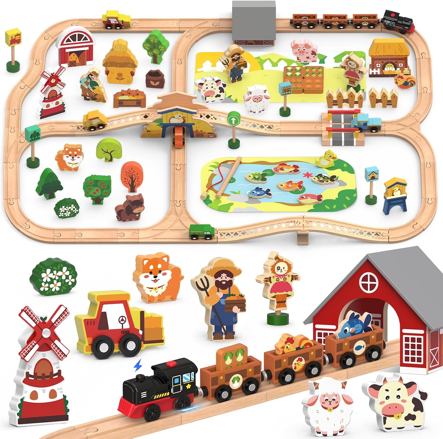 Electric Wooden Train Set, Farm 102-Piece Deluxe Toy with Tunnel for Kids
