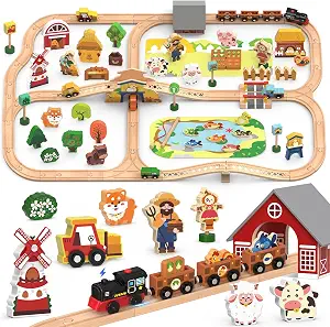 102-Piece Deluxe Farm Wooden Train Set for Kids with Electric Train