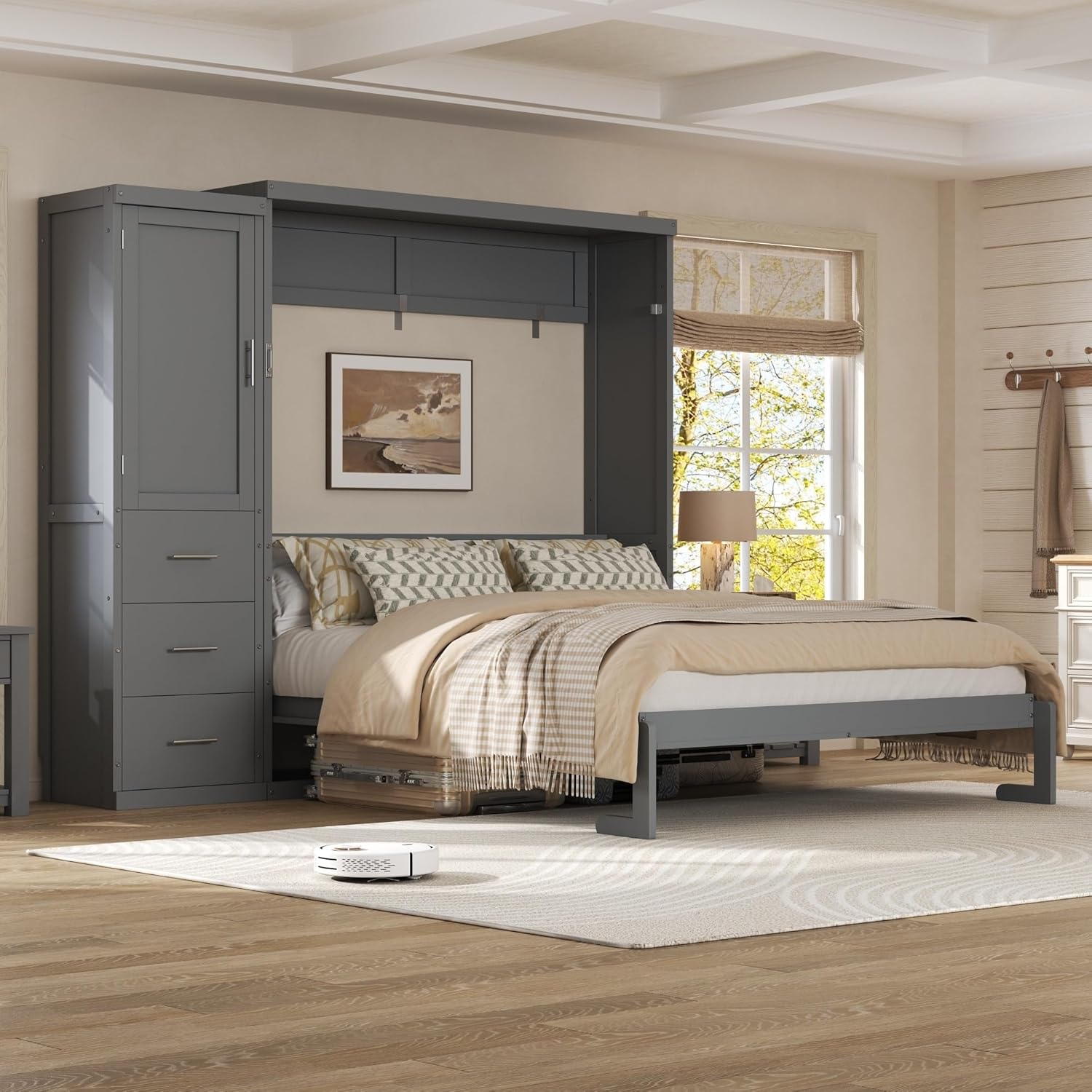Harper & Bright Designs Queen Size Murphy Bed with Wardrobe, Farmhouse Hidden Foldable Wall Bed Frame with Storage Drawers, Space-Saving Storage Bed Cabinet for Bedroom, Office,Grey