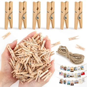 RAINFLOW Mini Wooden Clothespins - 200 PCS Craft Clothespins with Jute Twine Mini Clips for Photos Small Clothes Pins for Crafts DIY Project Hanging Pictures