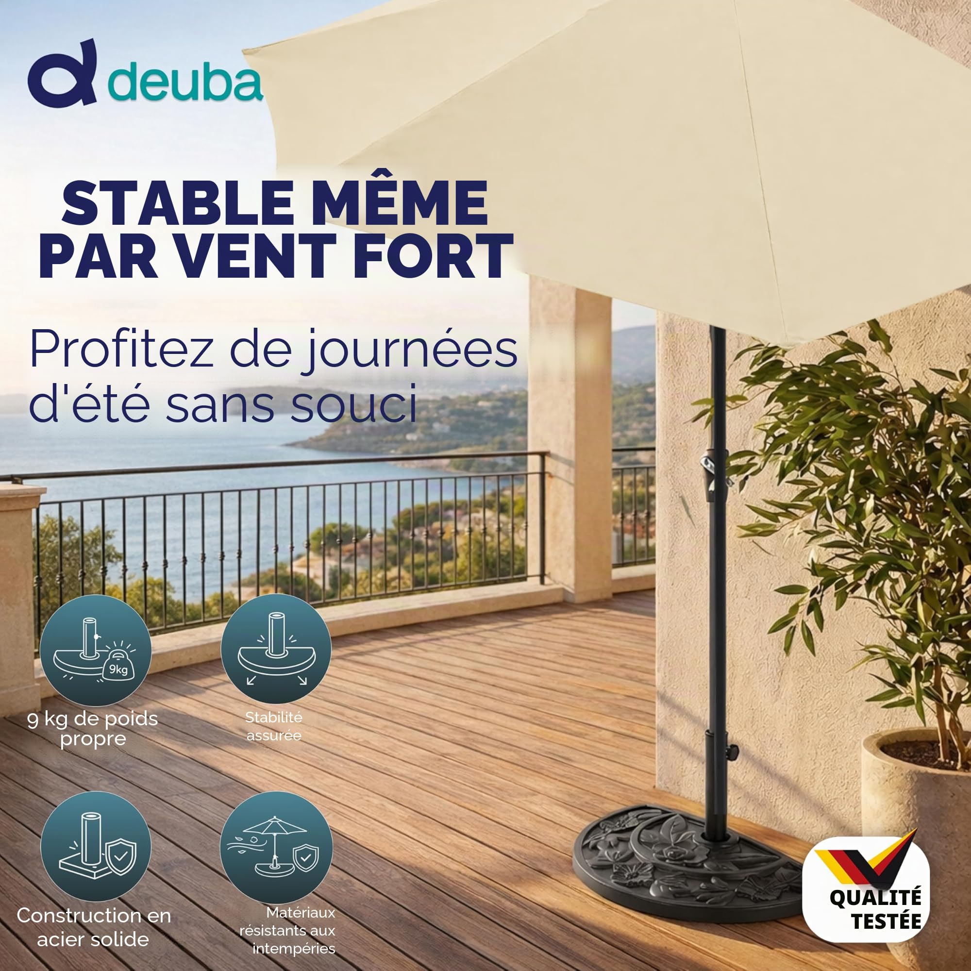 Deuba Demi-Pied de Parasol Noir Demi-Cercle Aspect Fonte Vintage et Motifs Floraux