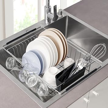 Dish Drying Rack Over The Sink Expandable to 24.5" Dish Drainer Space-Saving Rectangular Kitchen Extending Drying Station with Utensil Holder, Fits Most Sinks for Easy Dish Organization, Black