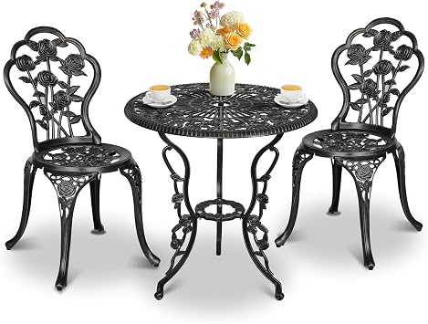 Sundale Outdoor 3 Pieces Bistro Set, All Weather Cast Aluminum Umbrella Table and Chair Antique Finish Patio Conversation Set for Balcony Porch Yard Black Rose