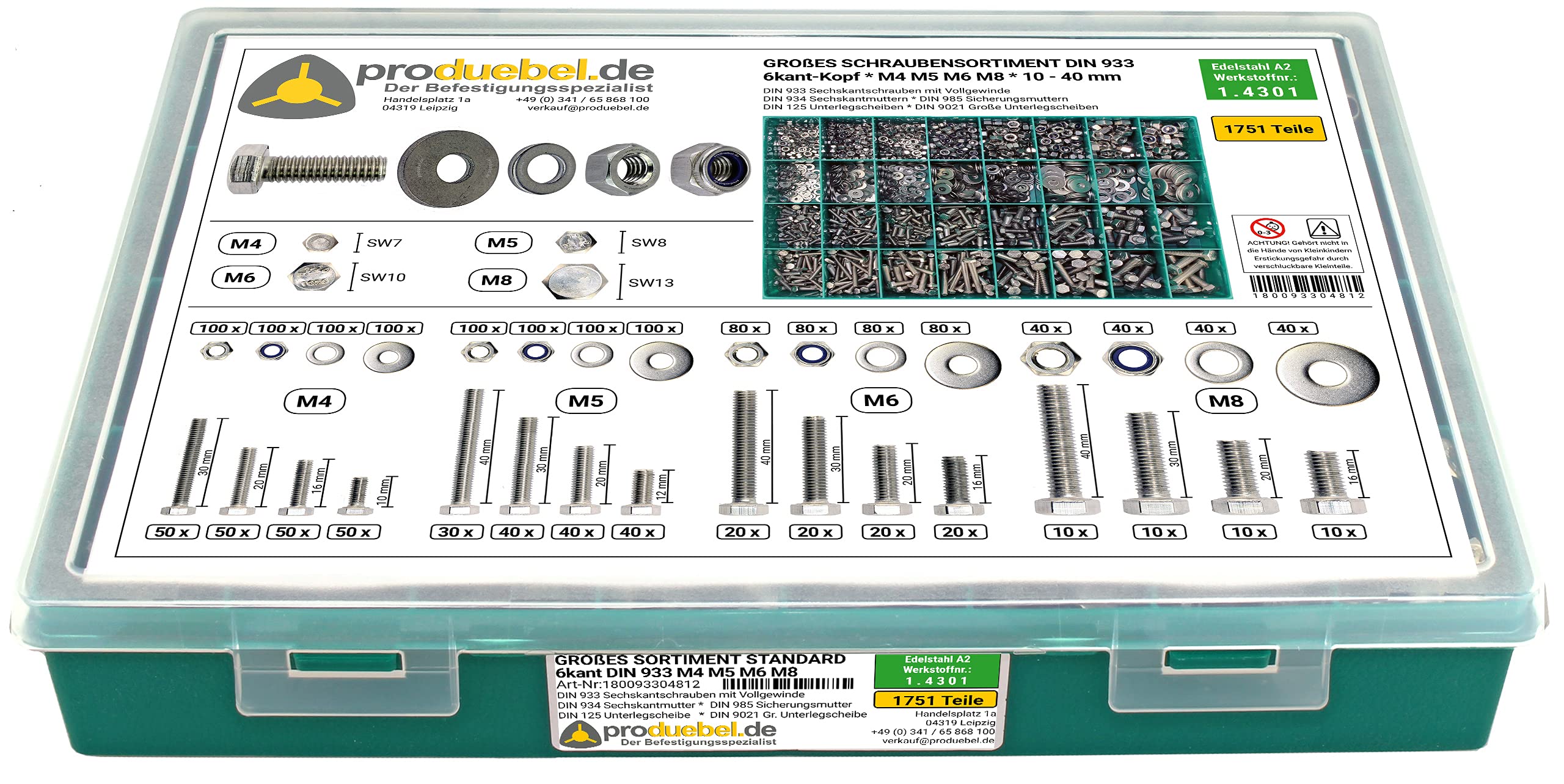 Sparset Großes 6-kant Schraubensortiment DIN 933 Edelstahl A2 V2A M4/M5/M6/M8/M10/M12 * 2001-tlg. (Standard-Box)
