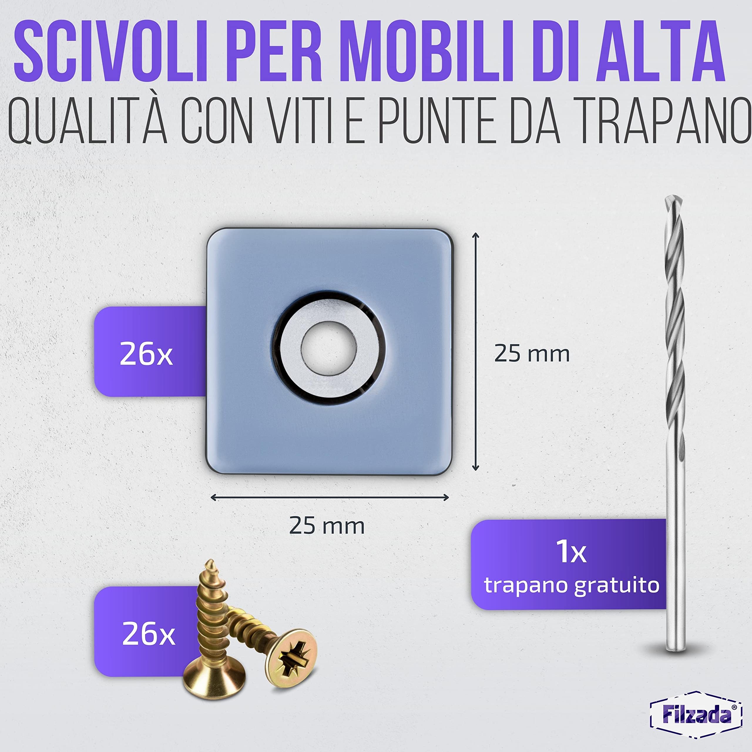 Filzada® 26x Piedini per mobili in Teflon da avvitare - 25 x 25 mm (quadrato) - Scivoli per mobili/scivoli per moquette PTFE (Teflon) incl. viti