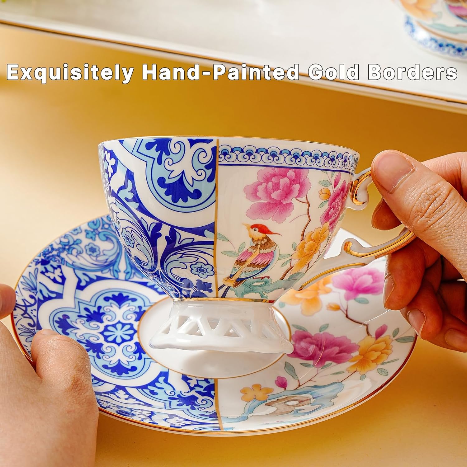 Bone China Cup & Saucer Set, Ceramic Coffee Cup with Gold Trim, Porcelain Floral Tea Cup with Saucer & Spoon, Food Grade Coffee Mug for Women, Tea Party, Gifts Giving, 6.8 oz