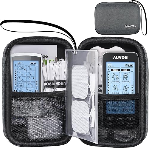 AUVON Estuche de viaje profesional de EVA duro con una bolsa sellada para unidad TENS y almohadillas de electrodo, funda de transporte impermeable y