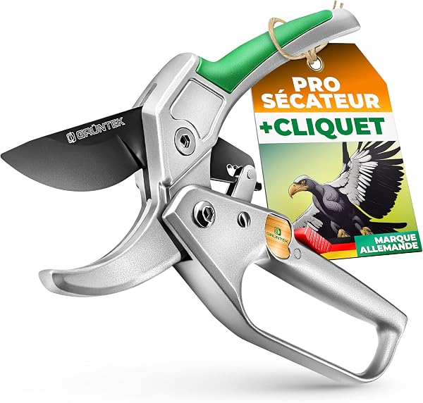 GRÜNTEK Condor Sécateur professionnel à crémaillère pour coupe efficace