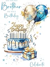 Cherry Orchard Brother Birthday card, With modern cake and Balloons design, Complete with Envelope, From