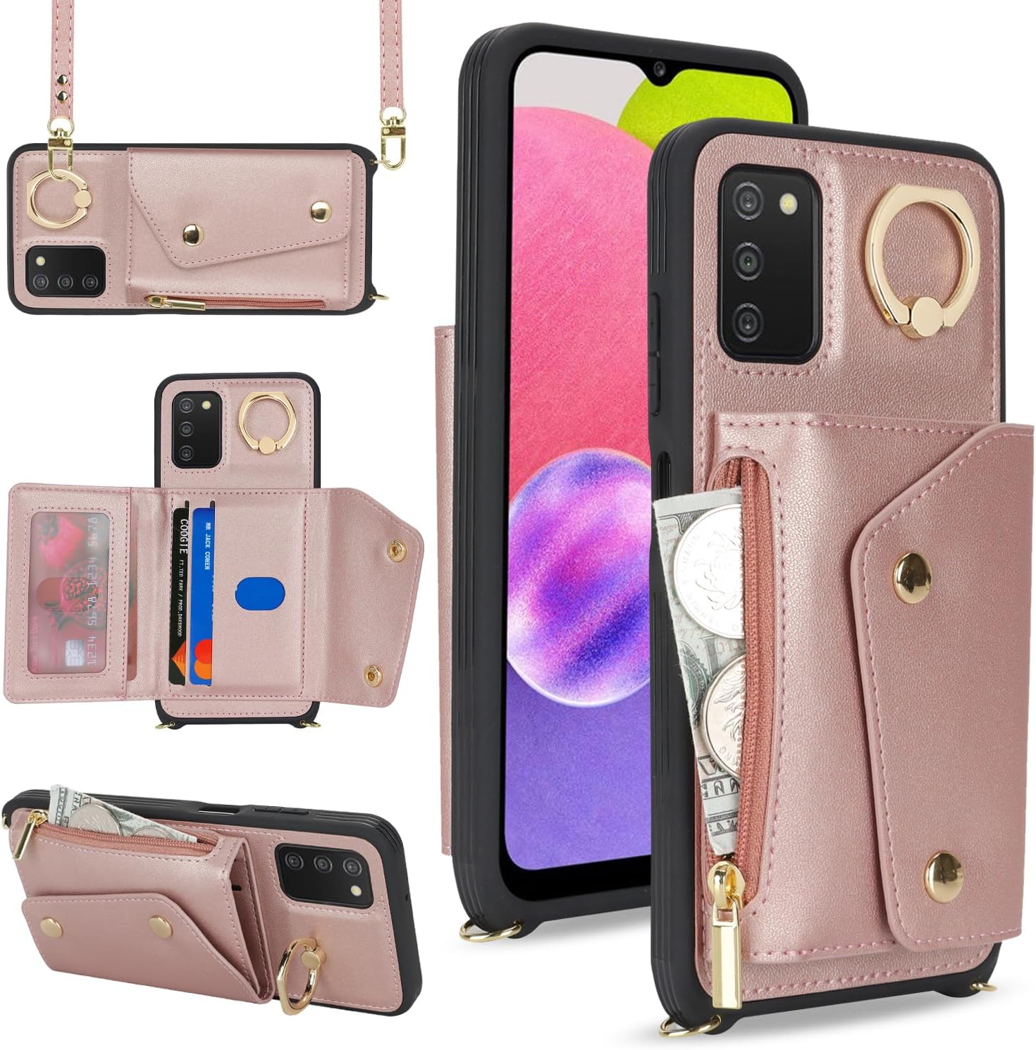 Lipvina for Samsung Galaxy A03s 5G Case with Card Holder and Strap - Zipper Pocket,Crossbody Lanyard Strap,Credit Card Holder,Stand Ring,Cute Phone Wallet Case for Women(Rose Gold,6.5 Inch)